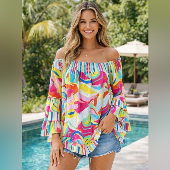 John Mark NWT Off Shoulder Rainbow Smocked Peasant Blouse Tiered 1X Boho Resort - Picture 1 of 15